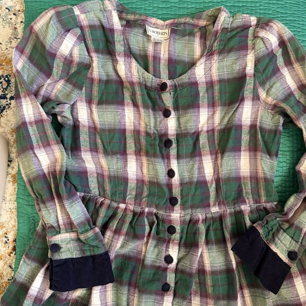 Vintage 90s Dress 16 Purple Green Plaid Flannel Contrast Collar Maxi S. Roberts - Picture 12 of 15